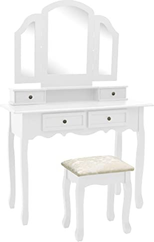 CIADAZ Schminktisch-Set mit Hocker, Schminken Tisch, Frisiertisch, Kosmetiktisch, Schminkkommode, Schmink Tisch, Make Up Tisch, Weiß 100x40x146 cm Paulownia-Holz