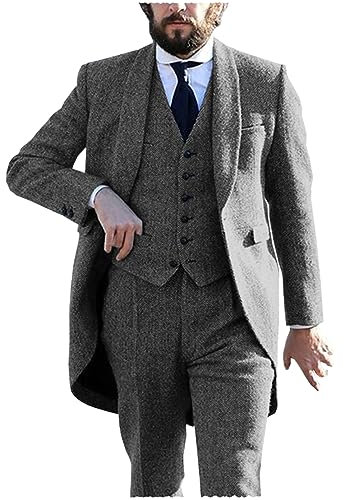 Tuikayoo Tweed Herren Frack 3 Stück Herringbone Anzüge Prom Smokings Hochzeit Trauzeugen Blazer Sets（Grau，4XL）