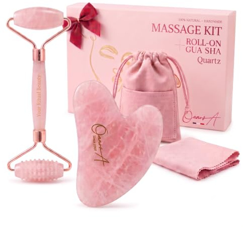 Rosenquarz Gesichtsroller und Gua Sha Stein Set - 2-in-1 Face Roller (Glatt & Akupunktur) für Gesichtsmassage - Guasha Massageroller zur Lymphdrainage & Reduziert Schwellungen [OanovA]