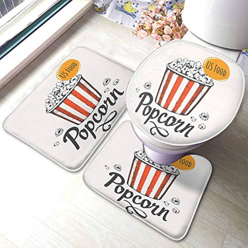 rutschfeste 3 Badteppich Set Fast Food Hand Gezeichnete Skizze Design Für Kino Snack Fast Food Mit Popcorn Badezimmer Set Dekorative Wasserabsorbierend Bad Duschmatten, Für Badewanne, Badezimmer