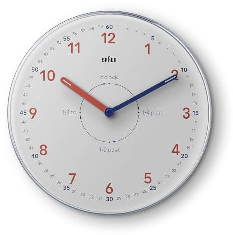 Braun Analoge Zeitlehrer Wanduhr mit geräuschlosem Quarzwerk, leicht ablesbarem Ziffernblatt, 23 cm Durchmesser in Weiß, Modell BC26TW