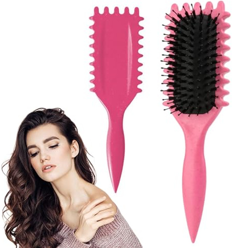 Curl Defining Brush for Curly Hair - Boar Bristle Styling Brush for Women & Men - Less Pulling, Pink