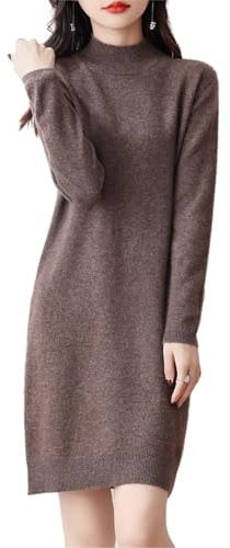 Ailaile 100% Merino Wool Sweater Dress Women's Long Sleeve Mock Neck Pullover Autumn Winter Knitted Long Jumper Mocha Brown