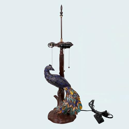 BOTOWI Pfau Tiffany Stil Buntglas Tischlampe Basis Ersatz, nur Vintage 3-Lichter Schreibtischlampe Basis mit Pull Cord Switch für 18-Zoll-Buntglas-Lampenschirme
