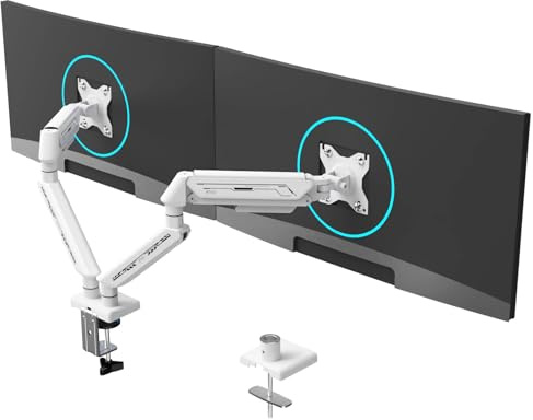 ETHU Dual Monitor Halterung Schreibtischhalterung für 13-32 Zoll Monitore (2-9 kg), Höhenverstellbar mit Neigbar, Schwenkbar, Drehbar, Gasfeder- Bildschirmhalterung 2 Monitor VESA 75 & 100 (Weiße) | Gasdruckfeder, Dual-Monitorständer mit neigbarer Drehung, C-Klemme und Tüllenbasis, Weiß