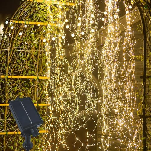 Gresonic Solar 200er Kupferdraht Lichterkette Außen Wasserfall Lichterbündel LED Lichterschweif, Wasserdichte Lichterstrang für Gießkanne kinderzimmer camping balkon Aussen und Innen Deko Warmweiß