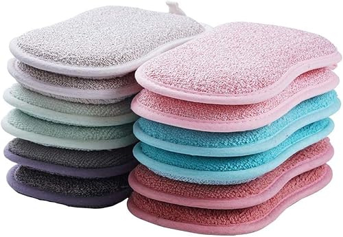 12 Pack Durable Scrub Scouring Sponge, Non-Scratch Microfiber Sponge Along with Heavy Duty Scouring Power, Effortless Cleaning of Dishes, Pots and Pans All at Once (Six Colors)