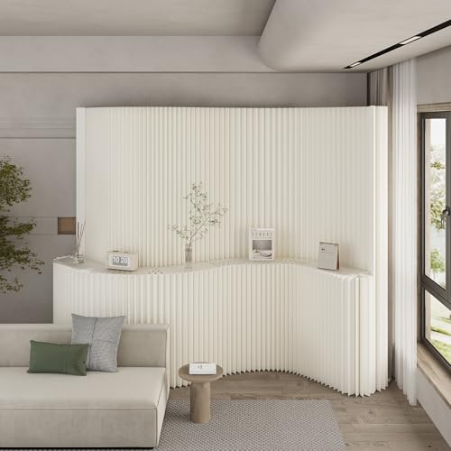 Klappbarer Paravent Raumteiler Sichtschutz mit Regal, Tragbare Privatsphäre Trennwand für Zuhause/Büro/Geschäft/Ausstellung/Studio, Verschiedene Formen, Einfach zu Bedienen (Weiß-Einzel, H2m*L5m)
