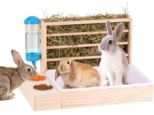 MUALROUS Grande mangeoire à Foin 4 en 1 pour Lapin avec bac à litière en Bois Automatique en Bois avec 2 Bols pour Lapins, cochons d'Inde, Chinchilla et Autres Petits Animaux