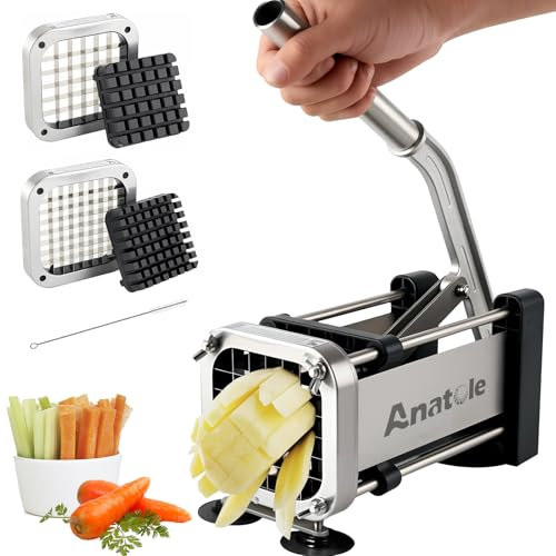 Anatole Cortador de Patatas Fritas Profesional con 9mm 13mm Cuchillas de Acero Inoxidable Picadora de Papas Finas Verduras Manual con Ventosas para Cebollas Zanahorias Pepinos