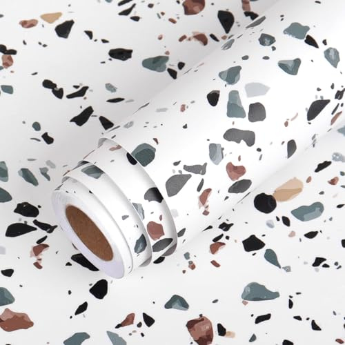 LACHEERY 40cm x 700cm Möbelfolie Terrazzo Weiß Küchenfolie Arbeitsplatte Küche Vinyl Klebefolie Fensterbank Granit Möbel Folieren Steinoptik Küche Folie für Küchenschränke Klebefolie Tische Schränke