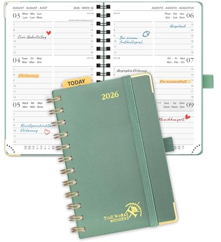 POPRUN Kalender 2026 Klein 16 x 10,5 cm (Jan.2026-Dez.2026) - Taschenkalender 2026 Klein Ringbuch mit Hardcover - Terminplaner, Wochenplaner mit Vergoldete Schutzecken - Mitternachtsgrün