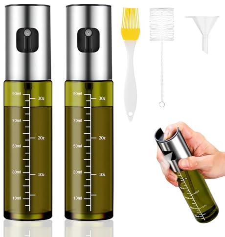 Ölsprüher für Kochen 2 Stuck, Grünes UV-Schutz Glas Öl Sprühflasche, 100% BPA frei Ölsprüher für Speiseöl, Küche Ölsprühflasche für Heißluftfritteuse, Oil Sprayer mit Skala & Trichter, Ölspray
