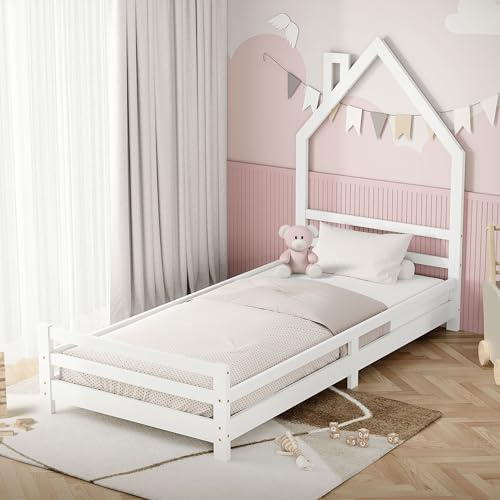 ML-Design Kinderbett Haus 90x200 cm, Weiß, Hausbett für Kinder, Holzbett mit Lattenrost, Schornstein Design, Jugendbett aus massivem Kiefernholz, Bettgestell für Jungen & Mädchen, Einzelbett Spielbett