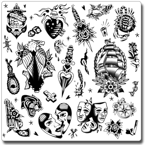 CHARLENT Black Old School Temporary Tattoos for Men Women, 9 Sheets | Vintage American Traditional Fake Tattoo Stickers, Realistic Long Lasting Designs for Classic Tattoo Lovers