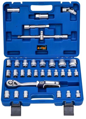 KATSU Tools 32-Piece 1/2 Drive Socket Set - CR-V, 6 & 12 Points 8-32mm Metric Sockets, 72 Teeth Quick Release Ratchet Wrench, Spark Plug Inserts, Mechanic Tool for DIY, Car Repair
