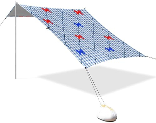 Parasol plegable UPF50 con diseño de lazo rojo y azul, fácil instalación, con bolsillos de arena para carpas de viaje familiares para la playa