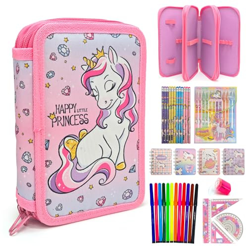 Ecoret-Pro 47 Teilen Federmäppchen Einhorn, 3er Mäppchen Mädchen, Stiftemäppchen Kinder, Federmäppchen Set, Federmappe Gefüllt Ideales Schulkind Geschenk mit Stiften, Malset & mehr