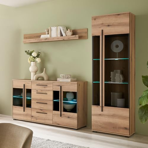 Lomadox Wohnwand Wohnzimmer-Set 3-teilig mit Sideboard, Vitrine und Wandregal in Eiche mit LED Beleuchtung