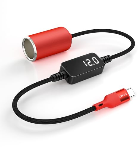 J&D USB-C auf 12V Zigarettenanzünder Adapter, USB-C DC 12V 18W KFZ Zigarettenanzünder Buchse Konverterkabel für Dashcam, GPS, Fahrrekorder mit Spannungsanzeige, Rot, 0,3 m