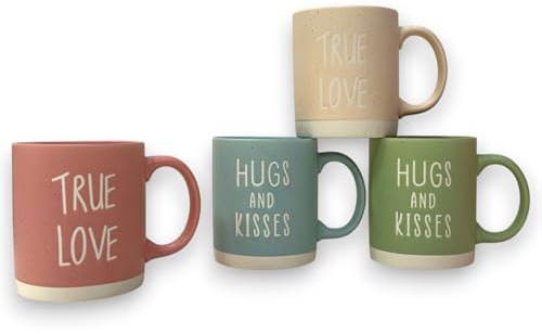KORAT Set 4 Tazze Amore in Porcellana 360 ml Colori Pastello con Frasi ‘True Love’ & ‘Hugs and Kisses’ Per Colazione, Caffè e Cappuccino Idea Regalo Romantica per Coppie e Amici