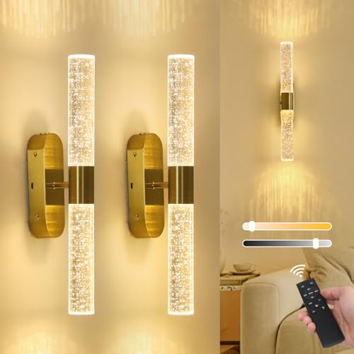 Stepeak Rechargeable Wall Lights Set of 2, Battery Operated Wall Lights with Remote, Gold Wireless Wall Light with Bubble Glass Shade, USB-Charged Battery Powered Wall Sconces for Living Room Bedroom