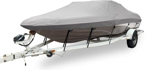 Kraftiga 600D vattentäta båtöverdrag, släpvagnsbart båtöverdrag passar V-skrov, Fish & Ski, Pro-Style, fiskebåt, Runabout, basbåt,Gray,4.2~4.8m(L) x2.29m(W)