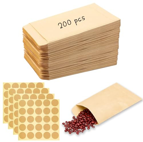 APKOL 200 Stück Samentütchen, 6x10 cm Mini Papiertüten Klein Braun, Saatgut Aufbewahrung DIY Flachbeutel Minitüten für Samen Münzen Schmuck Geschenk Weihnachten Adventskalender Befüllen