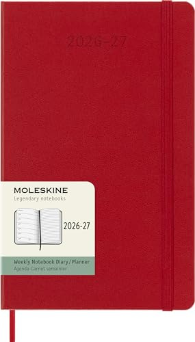 Moleskine Veckokalender 2026–2027 – 18-månaders kalender med anteckningsområde, hårt omslag och gummibandslås, färg scharlakansröd, storformat 13 x 21 cm