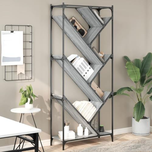 Fangmaliuyun Libreria grigia Sonoma 79 x 30 x 180 cm, design albero, scaffale alto salvaspazio in legno e metallo per Living Room, ufficio, corridoio e bedroom
