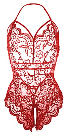 GIVTULIP Women Sexy Lace Lingerie Bodysuit One Piece Teddy Underwear Halter Leotard Transparent Deep V Sleepwear Backless Negligee for Ladies Hollow Out Babydoll Naughty Mesh Jumpsuit Cutout Nightwear