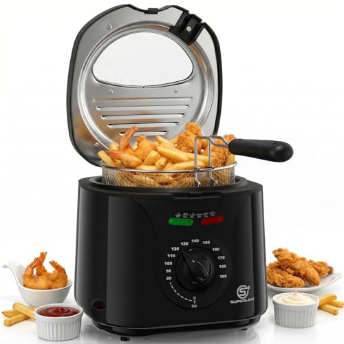 SUPERLEX Freidora con Grasa, 2 L, Eléctrica, 1300 W, Mini Freidora Compacta, Aceite Control de Temperatura, Filtro de Acero Inoxidable Para Patatas Fritas Crujientes, Pollo, Pescado, Bocadillos para
