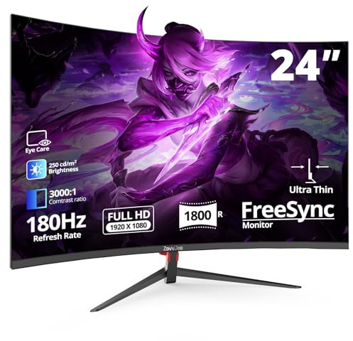 ZovvJee 24 Inch Curved Gaming Monitor | 180Hz, FHD 1080p 1ms Response, FreeSync, 98% sRGB, Ultra-Thin Bezel