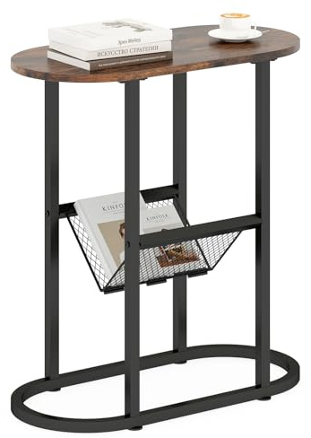 COSTWAY Tavolo da Salotto a 2 Livelli, Tavolino Ovale Stretto con Struttura di Metallo Robusta, Ripiano di Rete Metallica, per Soggiorno e Camera da Letto, 60 x 28,5 x 64 cm (Marrone Rustico + Nero)