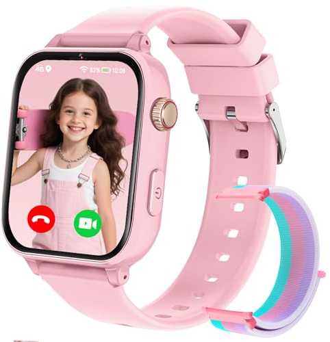 Kinder Smartwatch, GPS Smartwatch für Kinder, 4G KinderUhr Telefon Video/Voice Smart Familienchat SMS/WIFI/SOS Sport Schrittzähler Spiele, Kindergeschenke Armbanduhr für ab 4 Jahren, DunkelRosa