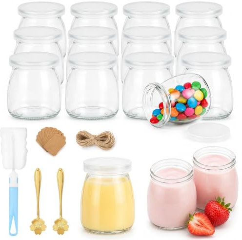 200 ml Durchsichtige Joghurtgläser mit Deckel, 12 Stück Nachtisch Gläser mit Löffel, Mehrzweck dessertgläser mit Etiketten, für Marmelade, Honig, Desserts, Kerzen, Wiederverwendbar Marmeladengläser