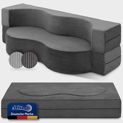 Beautissu Schlafsofa Gästebett Klappsofa 2-Sitzer mit Schlaffunktion Bezug | 90x200cm Anthrazit faltbares Bettsofa Bodensofa Gästezimmer Kinderzimmer abnehmbarer Cord-Optik Sofas & Couches Leova