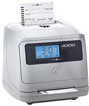 Pyramid Time Systems - Model 4000 Auto Totaling Time Clock, Electronic Time Punch Clock for Small Business, Bundle Includes: 25 Time Cards,Ribbon and 2 Security Keys - Silver ( 7.25h x 7w x 6.75d)