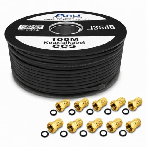 ARLI 100m Koaxialkabel schwarz max. 135 dB + 10x F-Stecker vergoldet 5-fach geschirmt Sat Antennenkabel TV Kabel Koax Kabel 75 Ohm DVB-S2 DVB-T2 DVB-C2 BK-Anlagen Satkabel UHD Full HD 4K