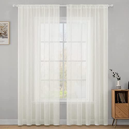 MIULEE Voile Vorhang Weihnachtsdeko Transparente Gardine aus Voile Einfarbig Stangendurchzug Wohnzimmer Luftig Dekoschal für Schlafzimmer 2er Set 145 x 140cm (H x B), Rod Pocket Elfenbein