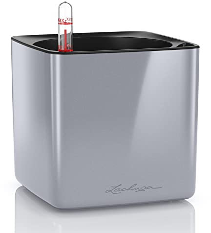 LECHUZA Cube Glossy 14 hochwertiger Pflanzwürfel mit Stick -Bewässerungssystem, Titanium dust highgloss