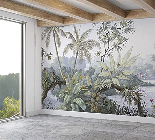 SILK ROAD EU™ Papier Peint Panoramique Jungle Soie, 410 x 280 cm, Poster Geant Mural, Personnalisé 3D, pour Salon Chambre d'enfants restaurant Décoration Murale. Aquarelle Plantes, Lac Tropical