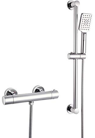 Barre de Douche 65 cm de ELBE en acciaio inox, avec Mitigeur Thermostatique Douche, pommeau de douche multifonctionnelle, Tuyau en acier inoxydable 1,5m