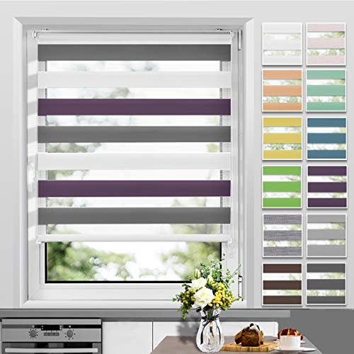Allesin Doppelrollo Klemmfix ohne Bohren & mit Bohren, Duo Rollos für Fenster und Tür, Klemmrollo Fensterrollo lichtdurchlässig, Sichtschutz und Sonnenschutz, 85x120cm (BxH), Weiss-Lila-Anthrazit