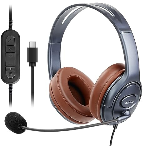 EMAIKER USB-C Office Headset with Noise Cancelling Microphone, Over Ear Wired Headphones with In-Line Controls, Plug & Play for Teams, Zoom, Webex, VoIP & Dictation – Durable Upgraded Coating