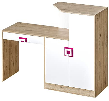 Marmex Nico N11 Großer Schreibtisch mit Kommode - Schreibtisch mit Schublade für Arbeit, Arbeitszimmer, Jugendzimmer, Kinderzimmer - Computertisch - Eiche Hell + Weiß + Rosa - 150x120x50cm