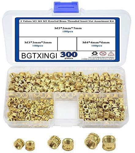 BGTXINGI 300 Stück 3 Werte M3 M4 M5 gerändelte Messing Gewindeeinsätze Mutter Hydraulisch geschweißte Fugen Spritzguss-Sortiment