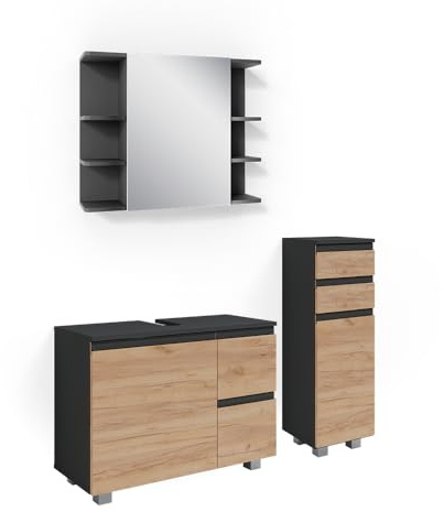 Vicco Badmöbel-Set J-Shape, Grau, 80 cm | besteht aus Waschbeckenunterschrank, Spiegelschrank und Midischrank