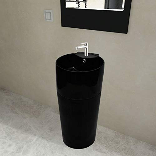 ZEYUAN Keramik Standwaschbecken mit Hahn/Überlaufloch, Waschbecken, Standwaschbecken, Bathroom Sink, Standwaschtisch, Waschbeckenunterschrank, schwarz rund