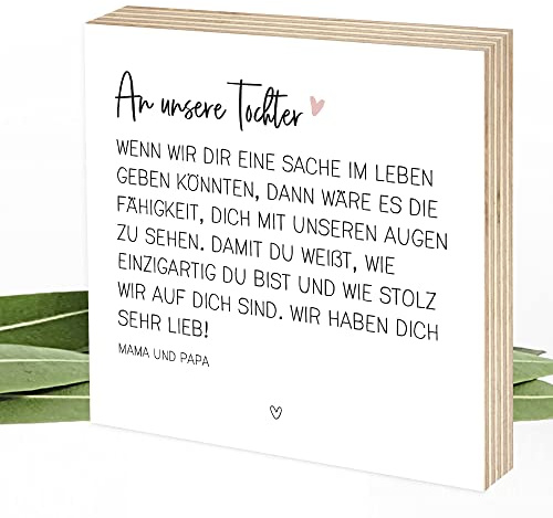 Wunderpixel® Holzbild Du bist einzigartig - Geschenk-Idee von Eltern für Tochter - persönliche Worte - Aufsteller & Wand-Deko zum Auszug, 18. Geburtstag, Abitur, Studium 15x15x2cm - personalisierbar